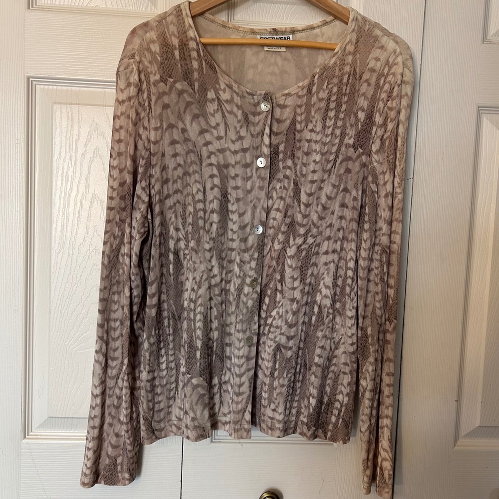 Vintage SOFTWEAR‎ by Mark Singer Sheer Feather Print Button Up Cardigan Top XLG